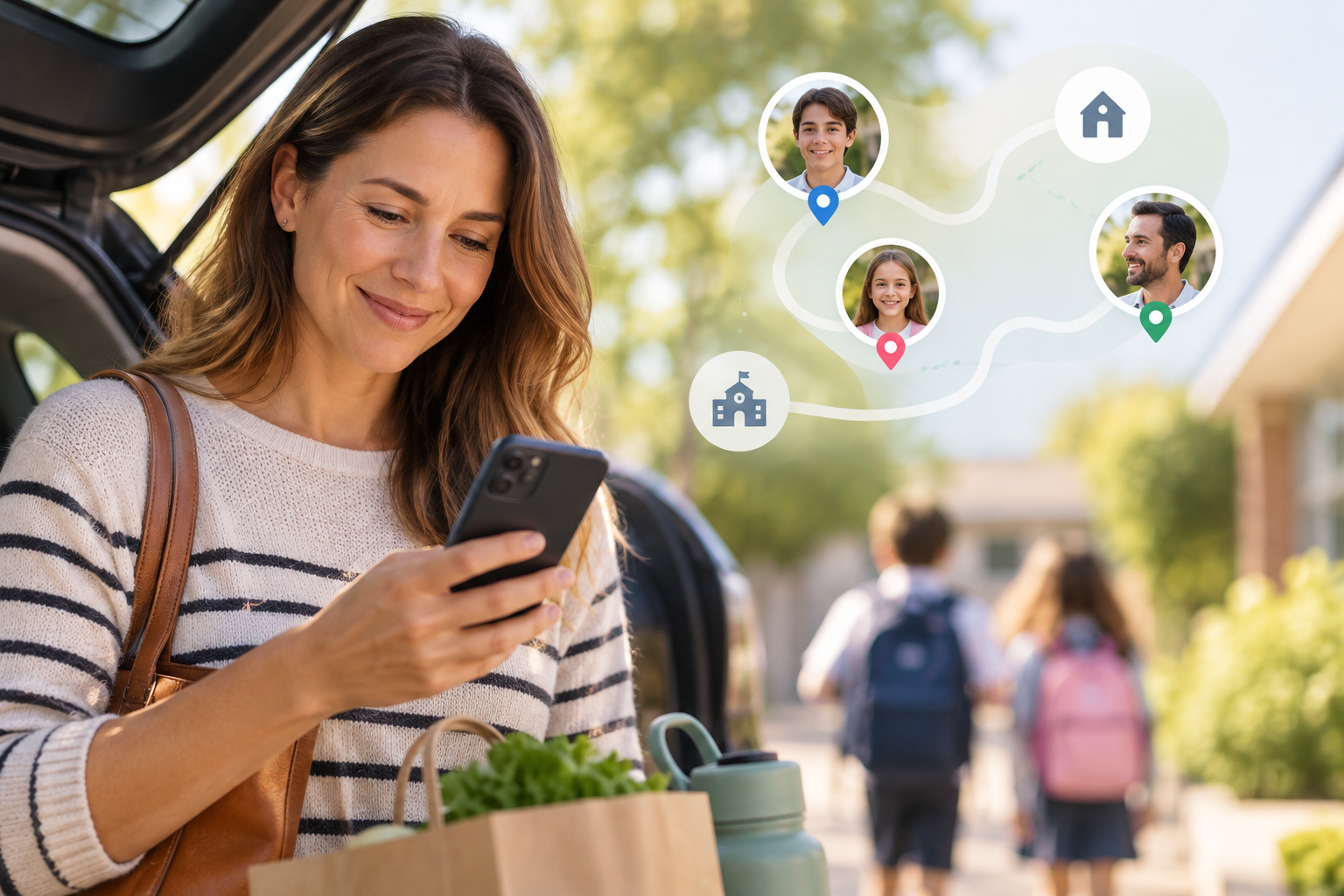 A parent checking her phone, with family location markers showing home and school.